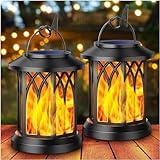 KOOPER Solar Lights Outdoor Garden, 2 Pack Hanging Solar Lanterns with Realistic Flickering Flame LED, Waterproof Flame Effect Garden Ornaments for Pathway Patio Decoration