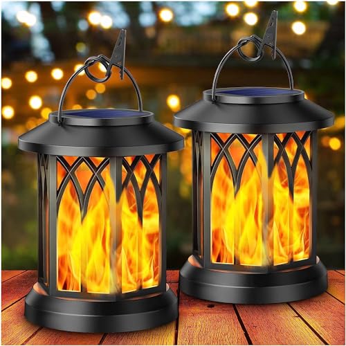 KOOPER Solar Lights Outdoor Garden, 2 Pack Hanging Solar Lanterns with Realistic Flickering Flame LED, Waterproof Flame Effect Garden Ornaments for Pathway Patio Decoration