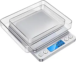 Balança de Cozinha Digital Precisão 0,1g até 2kg Com Visor Luminoso, Sensores de Alta Precisão e Pesagem em Diferentes Unidades de Medidas Com 2 Bandejas e 2 Pilhas Inclusas