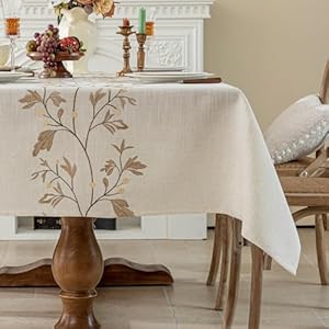 Joyfol Day Rustic Waterproof Linen Tablecloth, Heavy Weight Beige Embroidery Table Cloths for Rectangle Tables, Burlap Farmhouse Table Covers (Coffee Leaves, 55''x 70'') Joyfol Day Rustic Waterproof Linen Tablecloth Heavy Weight Beige Embroidery Table Cloths for Rectangle Tables Burlap Farmhouse Table Covers Coffee Leaves 55x 70
