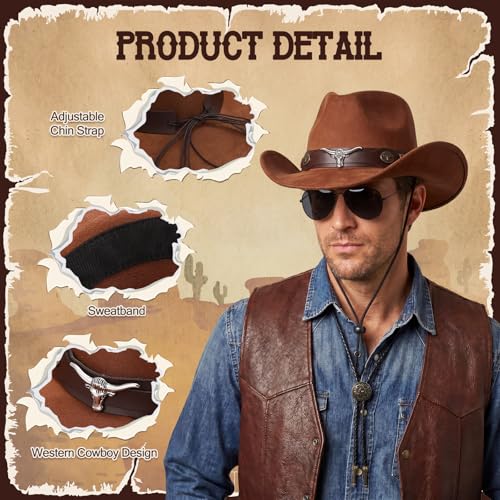 Image of Mepase 18 Pcs Cowboy Hat with Bolo Tie Sunglasses Rodeo Western Costume Accessories for Men Women Cosplay Halloween Party