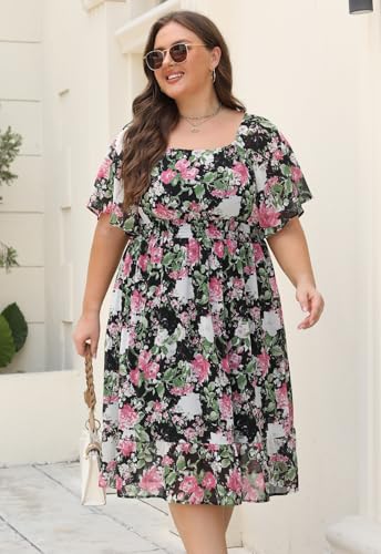 Image of Plus Size Chiffon Floral Dresses for Curvy Women Casual Summer A-Line Wedding Guest Party Dress with Smocked Waist