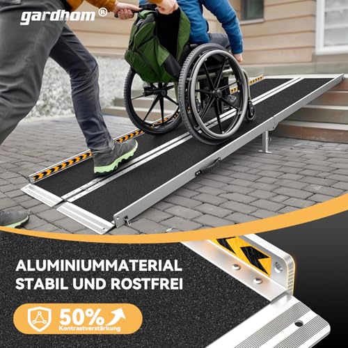 Rollstuhlrampe 213,5CM, gardhom Max. 362KG Ladekapazität Anti-Rutsch Alu Klapprampe für Rollstuhlfahrer oder Rollator, Schwellenrampe für Heimtreppen Treppen Türen Mobilitätsroller