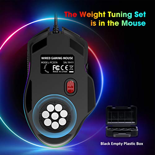 PICTEK RGB Gaming Mouse, Wired Mouse Gaming with Weight Tuning Set in the Mouse with 12000 DPI, Fire & Sniper Button, 10 Programmable Buttons
