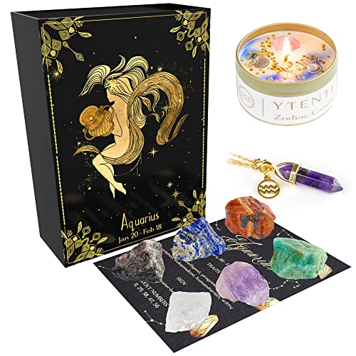 YTENTE Zodiac Sign Soy Wax Scented Candle Crystals Healing Stones Gift Set with Horoscope Sign Hexagonal Pendant Gemstone Chakra Crystal Necklace for Women Men Birthday Gifts (Aquarius)