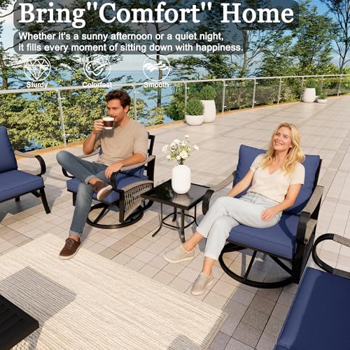 Image of 8 Pieces Patio Conversation Sets, All Weather Metal Outdoor Furniture Set with Swivel Rocking Chairs Set, Outdoor Furniture Set with Sectional Sofa Couch Loveseat (Blue Cushions)