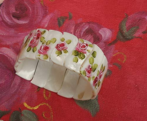 Mother Of Pearl Shell Bead Adjustable Stretch Beaded Cuff Bracelet With Hand Painted Pink Roses Jewelry For Women #TOP2