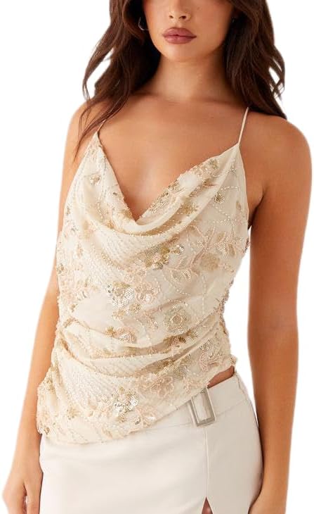 Women Y2K Sequin Cami Top Sparkly Floral Pearl Rhinestone Embellished Halter Tank Top Summer Glitter Camisole
