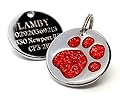Engraved 25mm Glitter Paw Print Dog Pet ID Tag Disc to Leave Engraving Details Please Read Product Description Lower Down This Page. (Red)