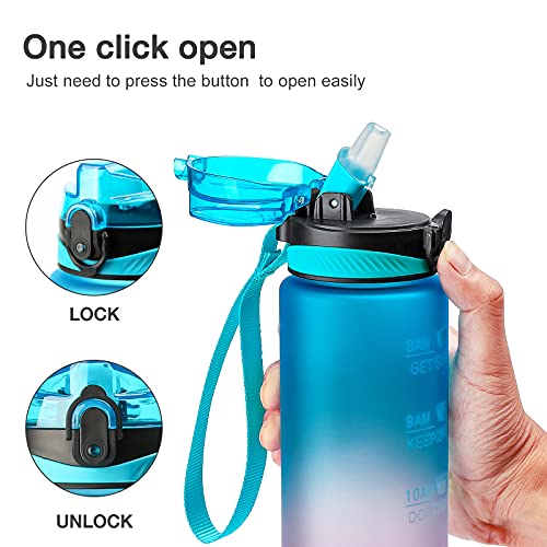 Drinkfles, 1 liter drinkfles met tijdsignalen, kunststof, blauw en roze met rietje voor kamperen, fietsen, sport, blauw en paars - Image 4