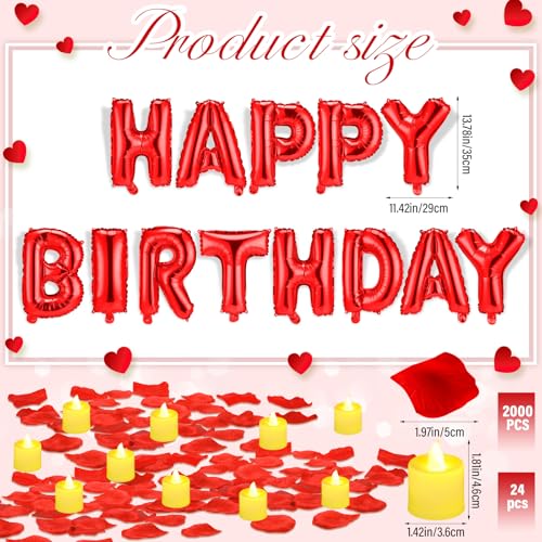 Image of Red Happy Birthday Balloons Decorations Happy Birthday Letter Balloons Banner Set with 24pcs Round Flameless LED Candles and 2000pcs Artificial Rose Petals for Women Men Room Party Decor
