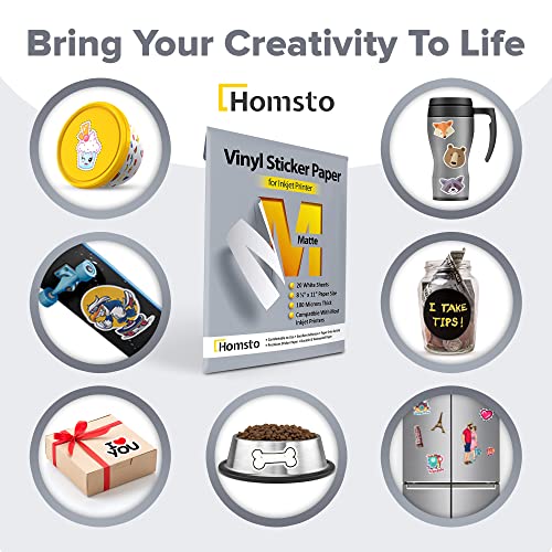 Homsto Vinyl Sticker Paper, Matte Printable Vinyl Sticker Paper For Inkjet Printer, Quick-Drying, Water And Scratch-Resistant, Self-Adhesive For Most Surfaces, 8.5 X 11 Inches, 20 Sheets #TOP1