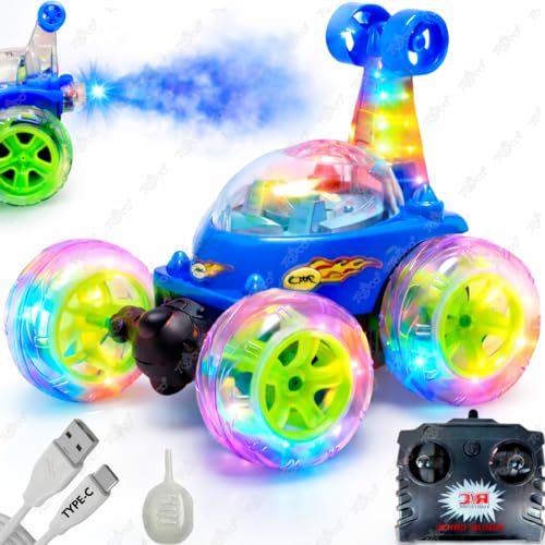 Image of toyco Rechargeable 360 RC Stunt Car for Kids | 5 Modes with Smoke & LED Lights | Dual-Side Rotating Remote Control Car | 2.4GHz Long Range (75+ Ft) | Off-Road Stunt Toy for Boys Girls 3-10 (Blue)