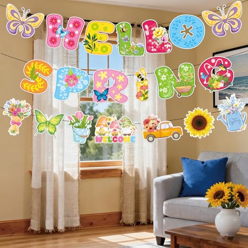 Image of 3Pcs Pre-Strung Hello Spring Banner for Classroom Office Spring Easter Hanging Decorations