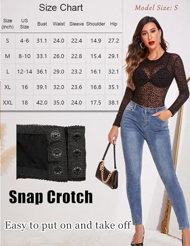Image of Avidlove Womens Mesh Long Sleeve Bodysuit Round Neck Sheer Leotards Geo Print Bodysuit Top with Snap Crotch