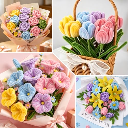 Image of ASTARON 521 Pcs 5 Colors Art Chenille Stems Pipe Cleaners Flower Making Kit | Macaron Colors Craft Pipe Cleaners,20 Floral Wires,Gardening Tape, Flowers Making Kit,Polyester Fluffy Pipe Cleaners Set