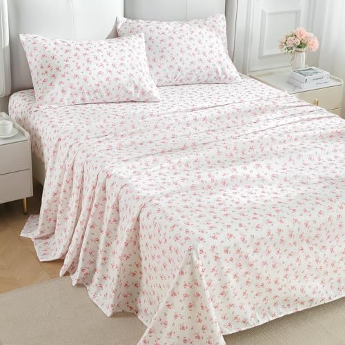 Image of MUXHOMO Queen Size 4 Piece Sheet Set, Soft Breathable Bed Sheet Set for Bedroom with Deep Pocket Up to 16 inch, Wrinkle-Free & Cooling Bedding for Oeko-TEX Certified - Blossoms Pink