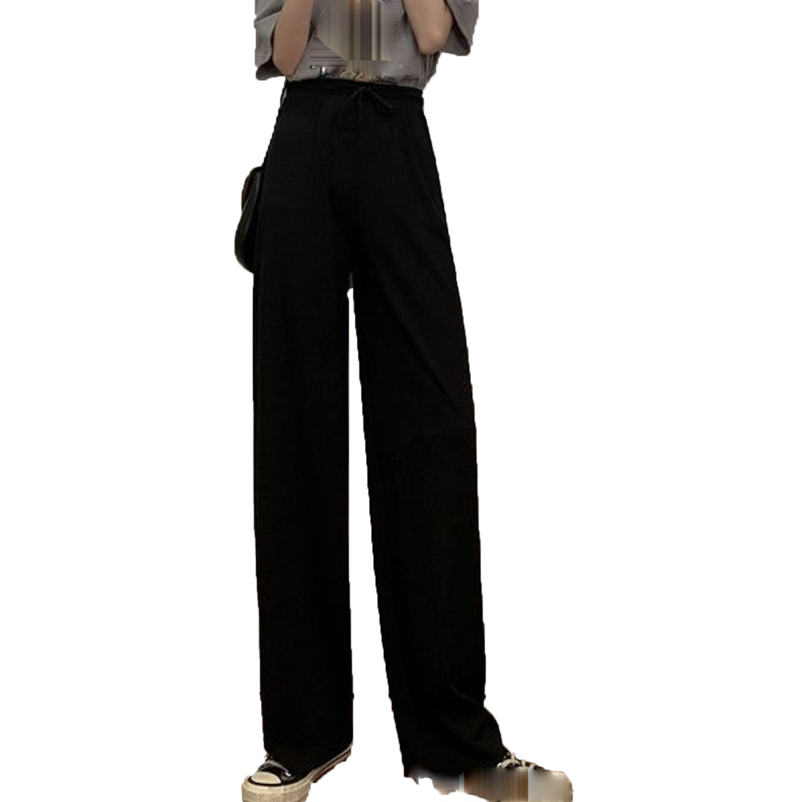 DGHM-JLMY Womens Straight Chiffon Casual Wide Leg Pants Summer Ice Silk Loose Sweatpants Drawstring Elastic Pleated Trousers