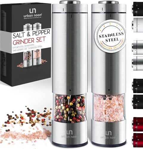Electric Salt and Pepper Grinder Set - Battery Operated Stainless Steel Mill with Light (2 Mills) - Automatic One Handed Operation - Electronic Adjustable Shakers - Ceramic Grinders