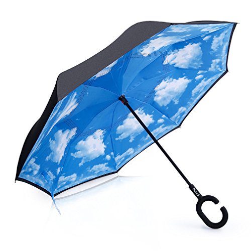 OCDAY  Double Layer Inverted Reverse Umbrella Elover Windproof UV Protect Big Straight Umbrella for Car Rain Outdoor C-Shaped Handle, Ombrello classico  Donna cielo blu sky blue taglia unica