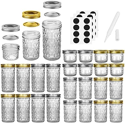 Mason Jars Canning Jars, 24 Pack Jelly Jars With Regular Lids, Ideal for Jam, Honey, Wedding Favors, Shower Favors, DIY Magnetic Spice Jars - 4 OZ x 8, 8 OZ x 8, 12 OZ x 8 (4oz -8oz-12oz)