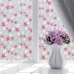 SHREE G Premium Pink Flower Privacy Frosted Window Film for Home Office Bathroom Living Room Kitchen Door Glass Cabinet Glass Partition Sliding Window Heat Control Decorative Sticker (12x25 Inch)