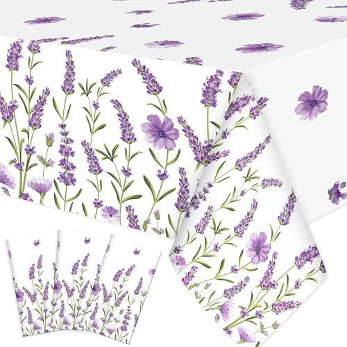 Image of Ganeen 3 Pcs Spring Summer Lavender Plastic Tablecloths Disposable Purple Floral Table Cloths Watercolor Table Cover for Wedding Birthday Baby Shower Garden Tea Party Decorations, 54 x 108 Inch