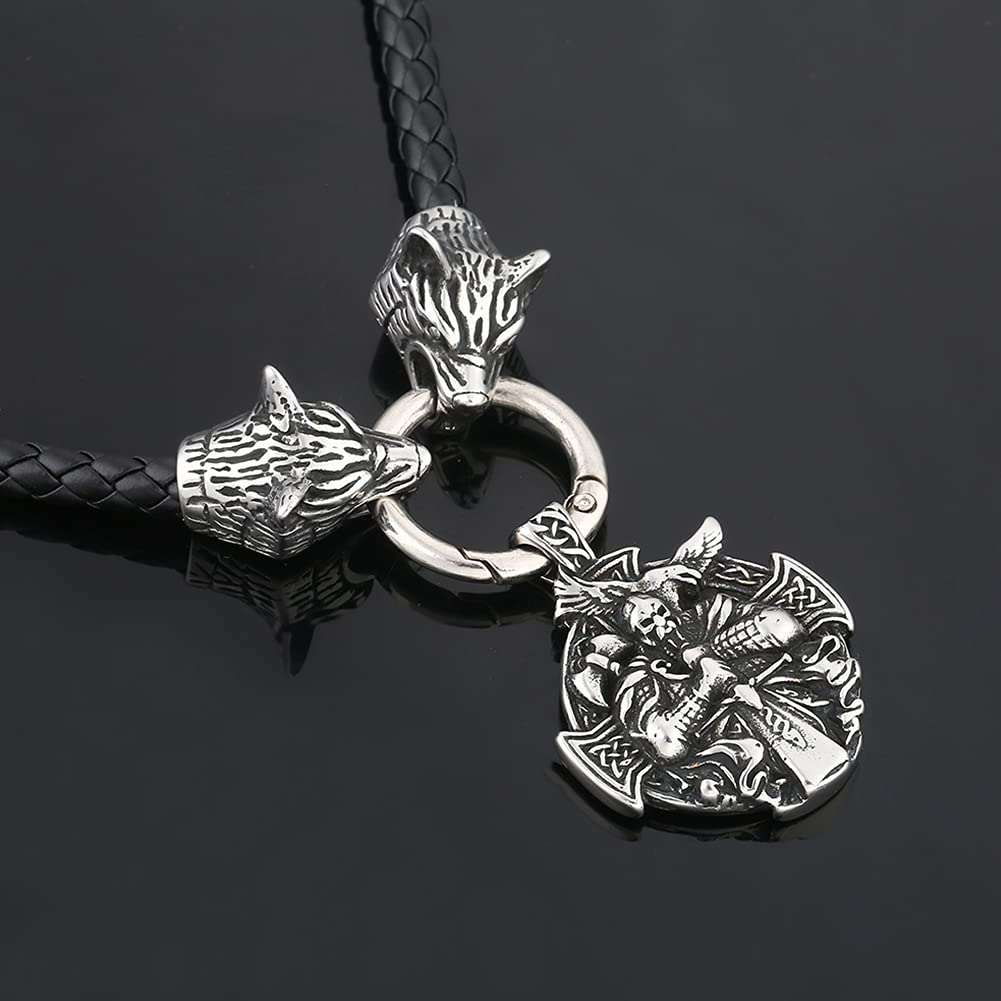 YABEME Herren Wikinger Halskette, Edelstahl Vintage Hochleistungs Odin Amulett Anhänger Geflochtene Leder Wolf Kopf Seil Kette Biker Schmuck, Mit Valknut Rune Geschenktüte