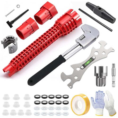 CHEKUGOU 39PCS Plumbing Tools Set, Universal Faucet Wrench, Upgrade PVC Pipe Threader, Basin Wrench Kit with Shower Head Gasket and Faucet Washers