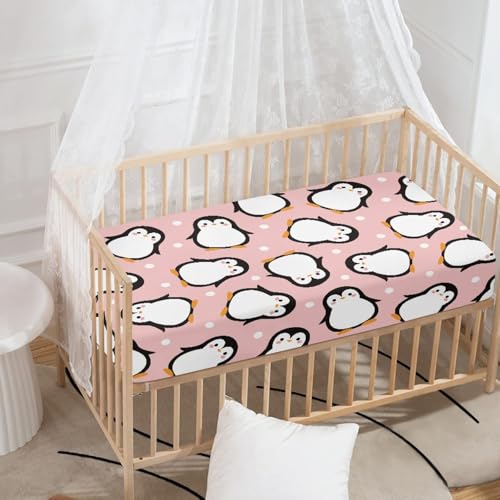 Image of Pink Penguin Cartoon Baby Crib Sheets for Boys Girls Fitted Crib Sheets Kid Crib Fitted Sheets Crib Cover Single Pack 28 inchx52 inch