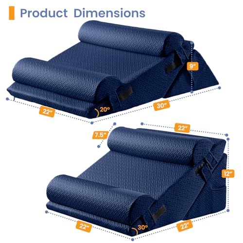 Image of Sasttie Wedge Pillow Set for After Surgery, 3PCS Adjustable Bed Wedge Pillow Headboard with Memory Foam Neck Cushion - for Acid Reflux, Sleeping, Neck & Back Support, Navy