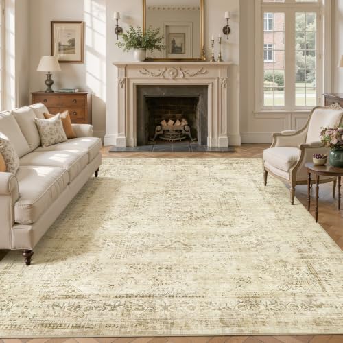 UERMEI 9x12 Washable Area Rug - Vintage Brown Beige Hexagon Pattern, Non-Slip Low Pile for Living Room & Bedroom