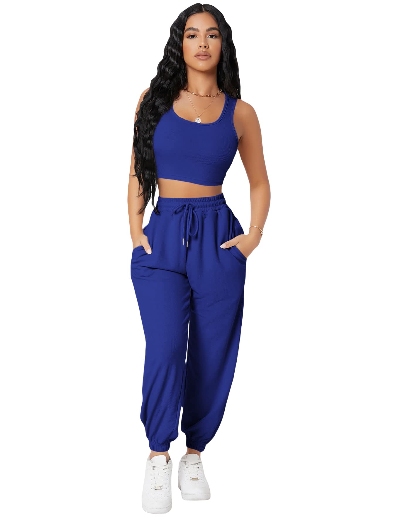 Floerns Women's Solid Drawstring Waist Jogger Set Crop Tank Top Two Piece Outfit - X-Small Royal Blue