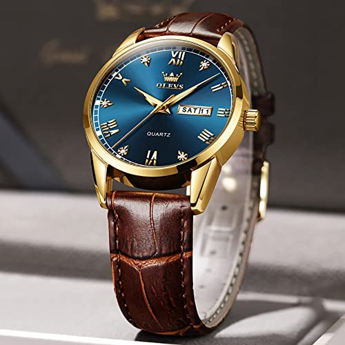 Image of OLEVS Amazon Watches,Brown Leather Watch for Men,Men Day Date Watch,Men's Luminous Watch,Dress Watch for Men,Rose Gold Watch for Men,Men's Fashion Quartz Watch,Waterproof Brown Man Watches, Brown