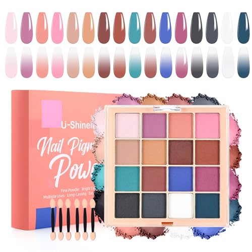 U-Shinein Nail Pigment Powder Palette Set, 16 Colors Ombre Nail Powder Palette with 100pcs Sponges & Tweezers French Aura Nails Ombre Nail Brush Nail Long-lasting Manicure Art DIY Accessories