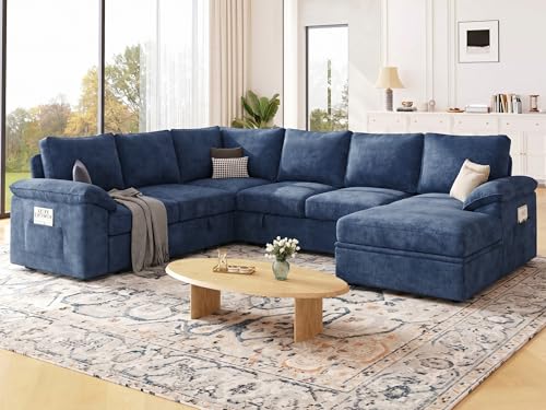 Image of 108 Inch Modular Sectional Sofa with Pull Out Bed,U Shaped 7 Seat Sectional Sleeper Sofa with Storage,Sectional Couches for Living Room,Cloud Modular Couch,Removable Sofa Cover,Blue