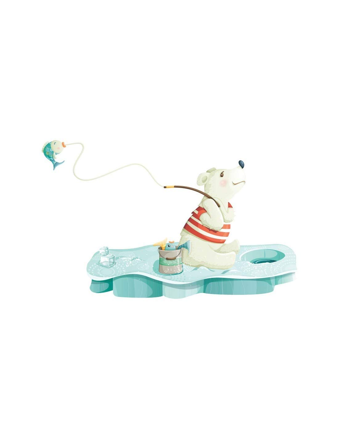 Sticker Ours Blanc Pêcheur 63x36 cm pour déco chambre enfant ambiance polaire