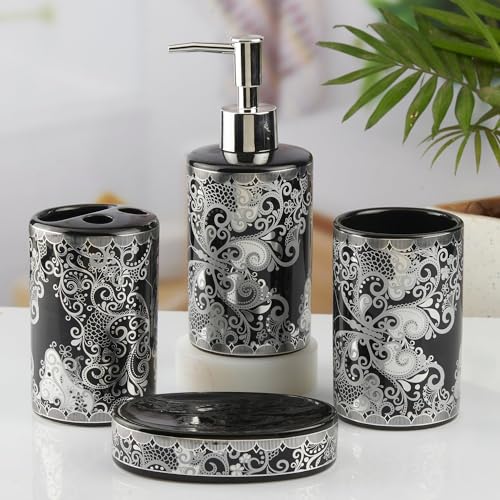 Image of SaSaSa Ceramic Bathroom Accessories Set of 4 Modern Bath Set with Soap Dispenser & Toothbrush Holder, Luxury Home & Gift Idea, Black /Silver (10461)