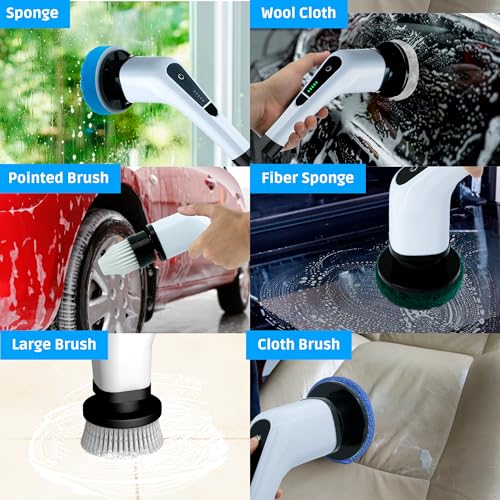 Image of an Store Electric Spin Scrubber - 2 Speeds Shower Scrubber with Long Handle 7 Replaceable Heads Shower Cleaner Brush Cordless Spin Brush for Cleaning (White)