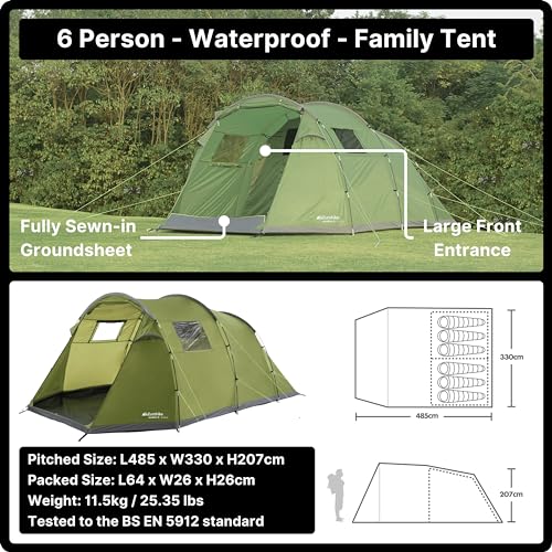Eurohike Sendero 6 Man Family Tent with Porch & Spacious Living Area, 6 Person, Waterproof, Easy to Pitch, Tunnel Design, Ideal for Family Camping Trips & Festivals, 2000mm HH - Image 4