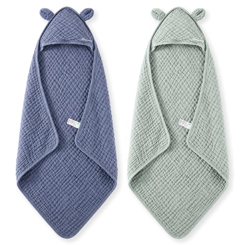 Image of Momcozy 6-Layer Muslin Cotton Baby Towels with Hood, 32x32 Inch, Blue