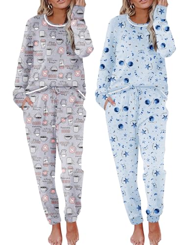 Image of Ekouaer 2 Pack Womens Pajama Sets Long Sleeve Lounge Sets Soft Pj Sleepwear Loungewear