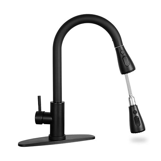 Matte Black Kitchen Sink Faucet with Pull Down Spray RV Stainless Steel Kitchen Faucet Pull Out Extension Utility Farmhouse Faucets for Sink 1 Hole Rent Apartment Dorm Single Handle Kitchen Faucet