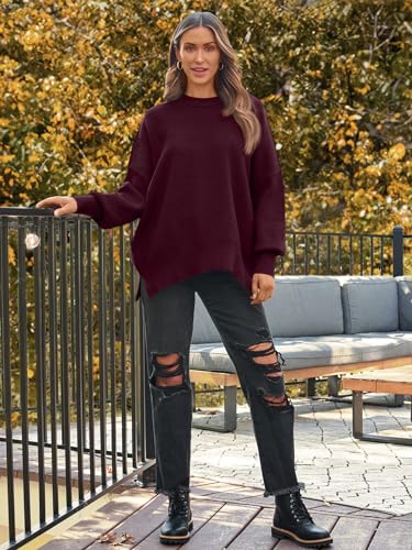 Image of LILLUSORY Women's Oversized Batwing Sweaters 2026 Fall Outfits Trendy Crewneck Knit Side Slit Fashion Pullover Tops