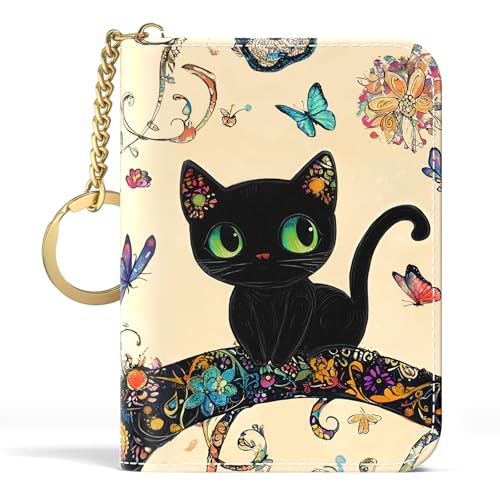 Image of Aiawoxc Credit Card Holder, Small RFID Wallet Slim Leather Card Organizer Case with Zipper and Keychain, Cute Cat