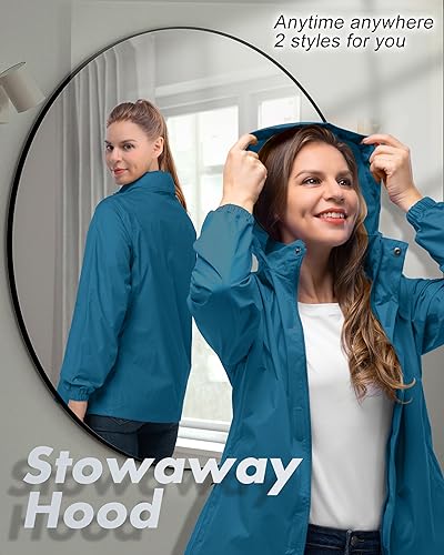 33,000ft Damen Wasserdichte Faltbar Regenjacke mit Kapuze, Leicht Atmungsaktive Windbreaker Jacke, Fahrradjacke für Frauen Fahrrad Sport Outdoorjacke, Petrol 3XL