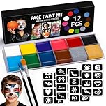 Face Paint Kit - 12 Color Face Painting for Adults with 2 Brushes 32 Stencils, White Black Body Face Paints, Professional Facepaints Set, Safe Washable Makeup for Halloween Christmas Cosplay Games