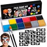 Face Paint Kit - 12 Color Face Painting for Adults with 2 Brushes 32 Stencils, White Black Body Face Paints, Professional Facepaints Set, Safe Washable Makeup for Halloween Christmas Cosplay Games