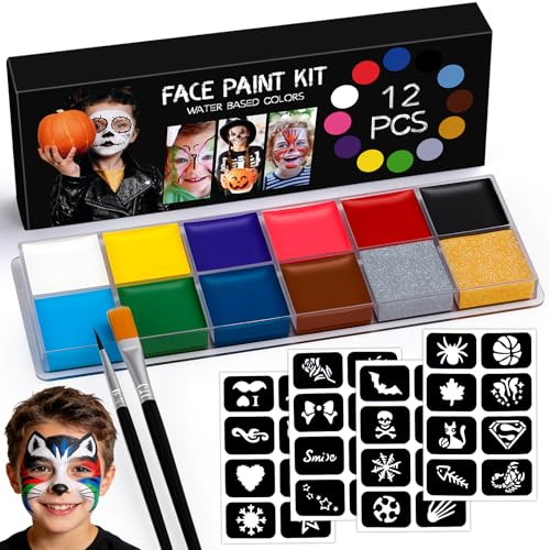 Maquillage Halloween Enfant Kit pour Visage Fille de 12 Couleurs Palette Face Paint Makeup Professionnel pour Théâtre, Carnaval, Scène, Clown, Cosplay, Sûr et Résistant à L'eau, Longue tenue