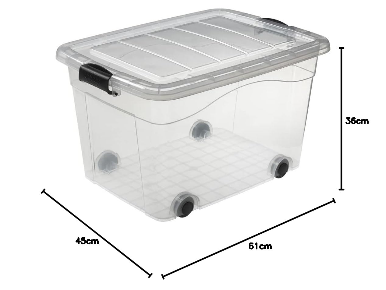 Logiplast 3 Stück Aufbewahrungsbox transparent 60 Liter mit Deckel und Klickverschluss 610 x 450 x 360 mm inkl. Rollen